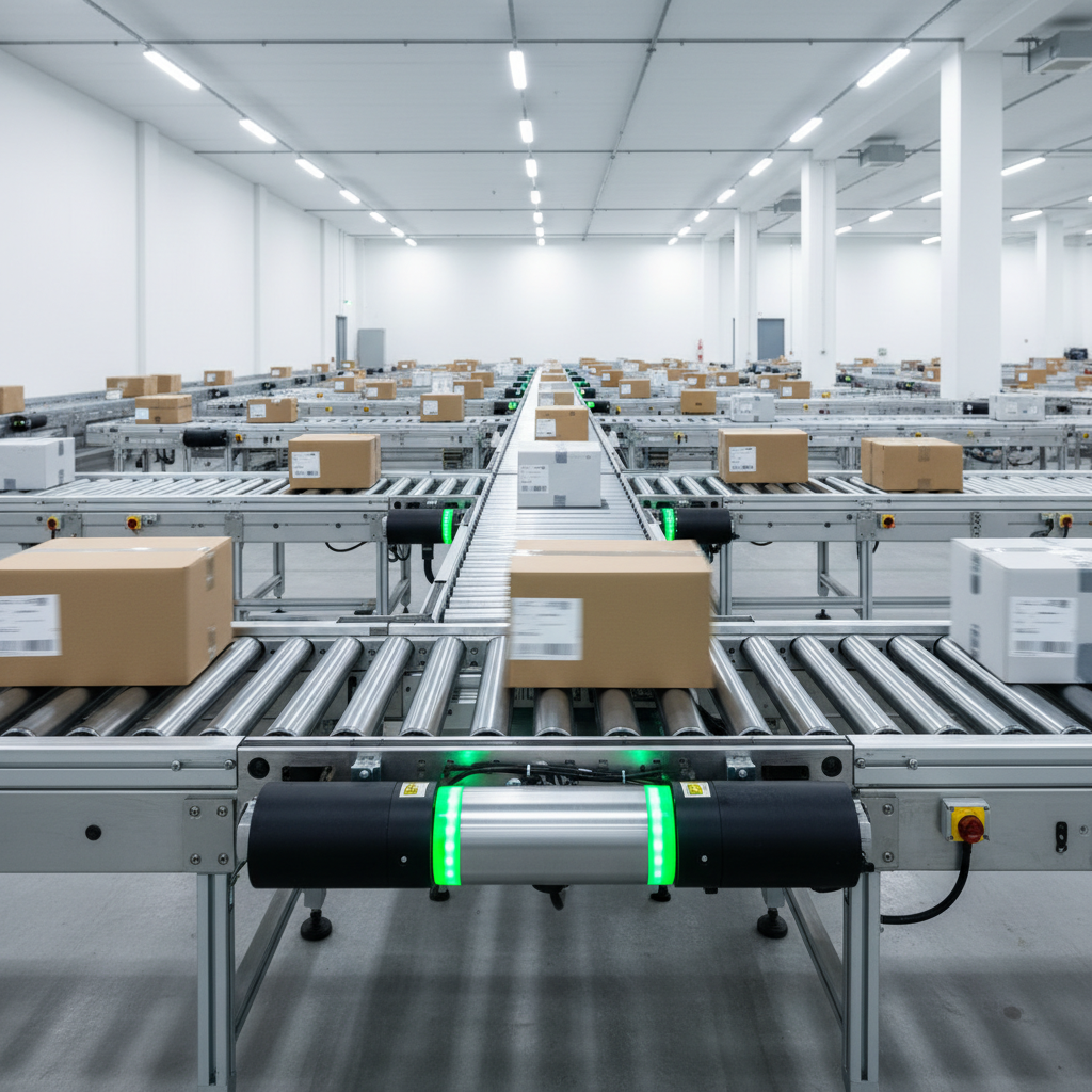 A modern MDR conveyor system in a Benelux warehouse, showing an energy-efficient motor-driven roller.