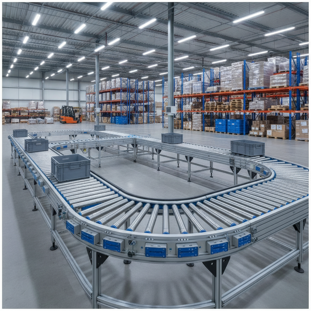 A modern Motor Driven Roller (MDR) conveyor system in a bright, energy-efficient European warehouse.