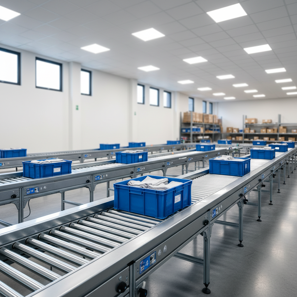 Modern energy-efficient roller conveyor system with MDR technology in a Benelux distribution center.