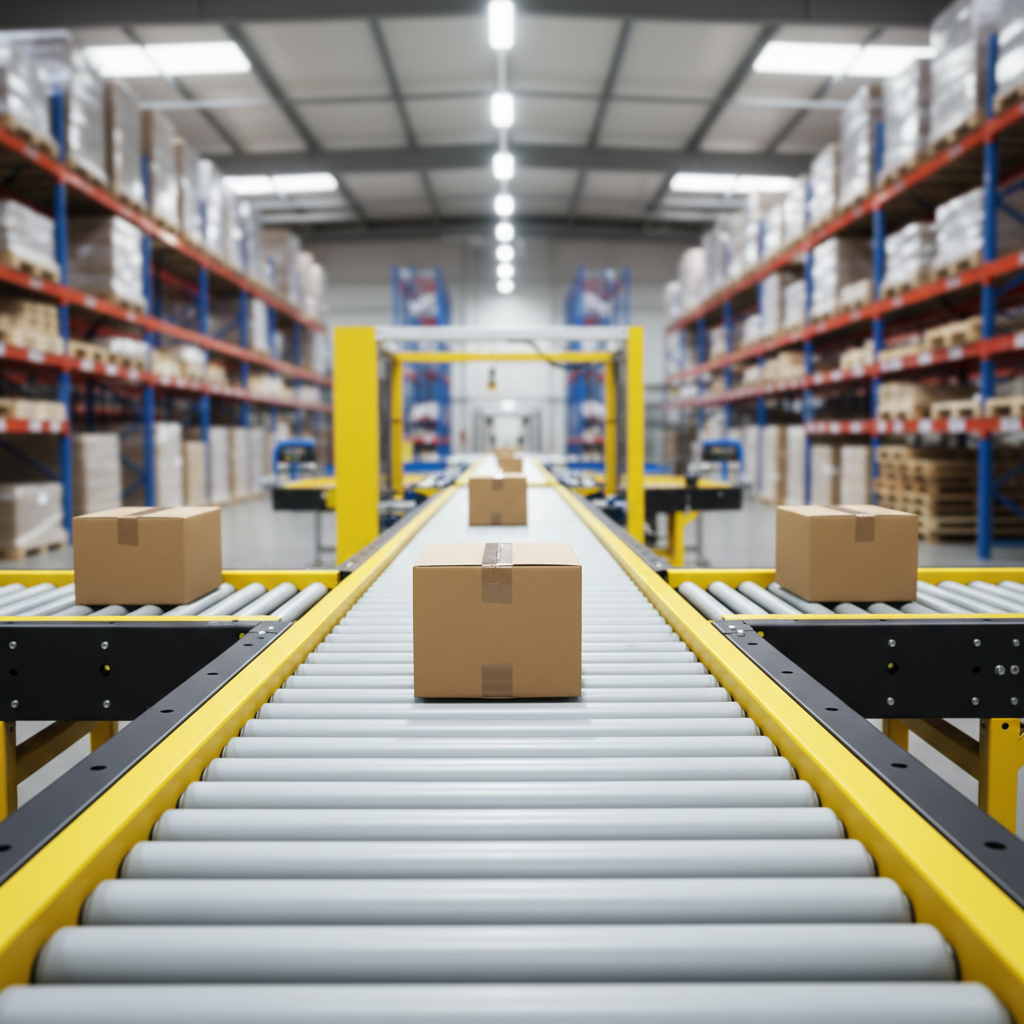A modern MDR roller conveyor system in a bright Benelux warehouse, showing cardboard boxes moving efficiently.