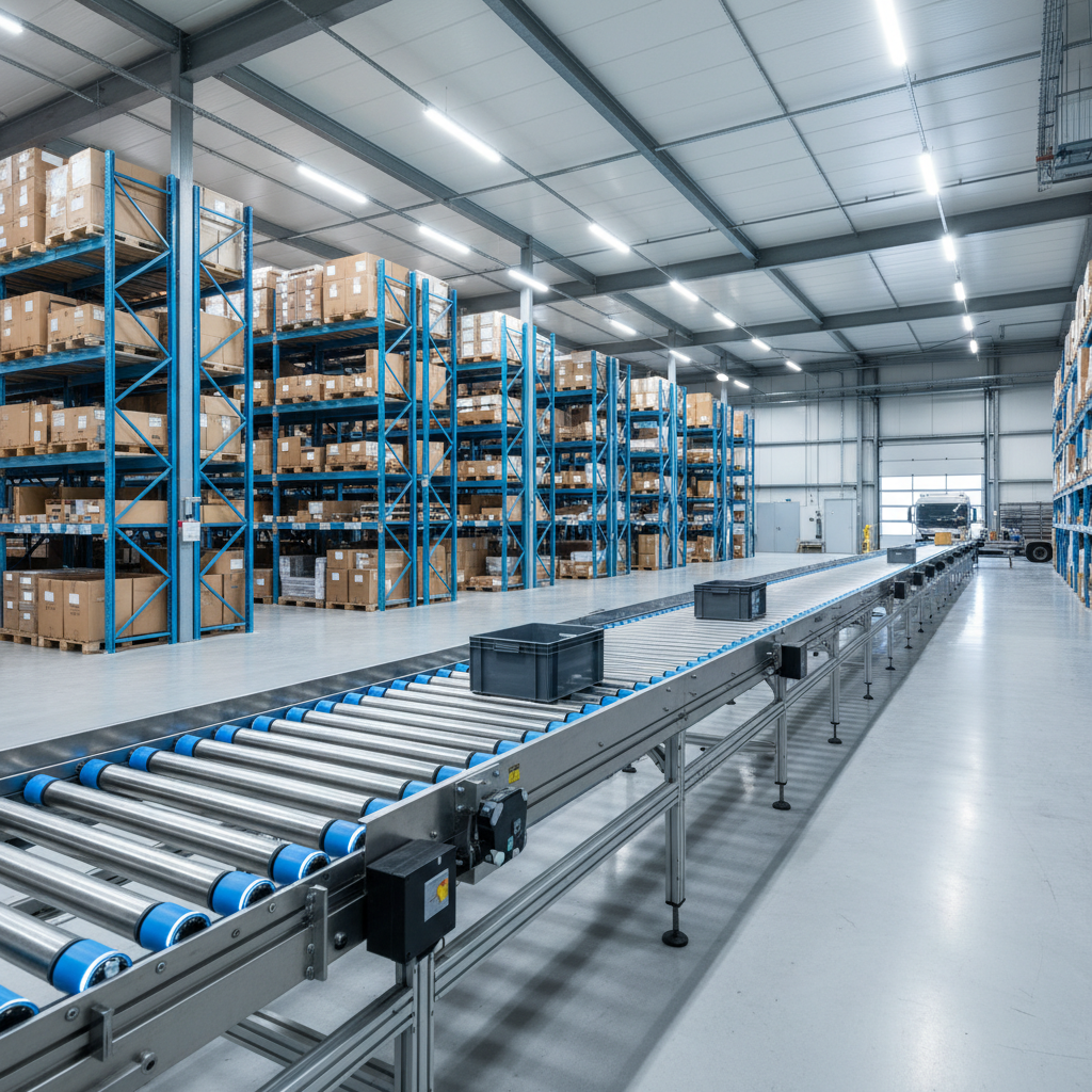 Een energie-efficiënt Motorized Drive Roller (MDR) transportsysteem in een modern Europees magazijn, dat het strakke ontwerp en de geavanceerde technologie benadrukt.
