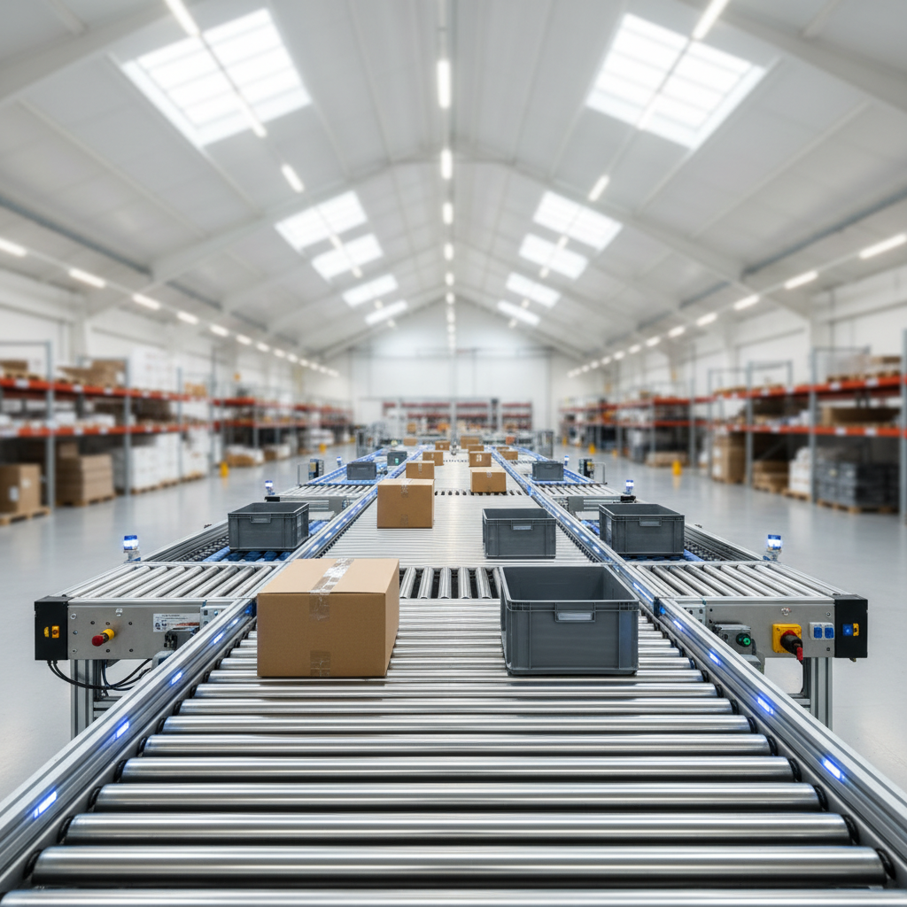 Een modern MDR-rollenbaansysteem in een Benelux-magazijn, dat energie-efficiëntie demonstreert door zonegebaseerde werking.
