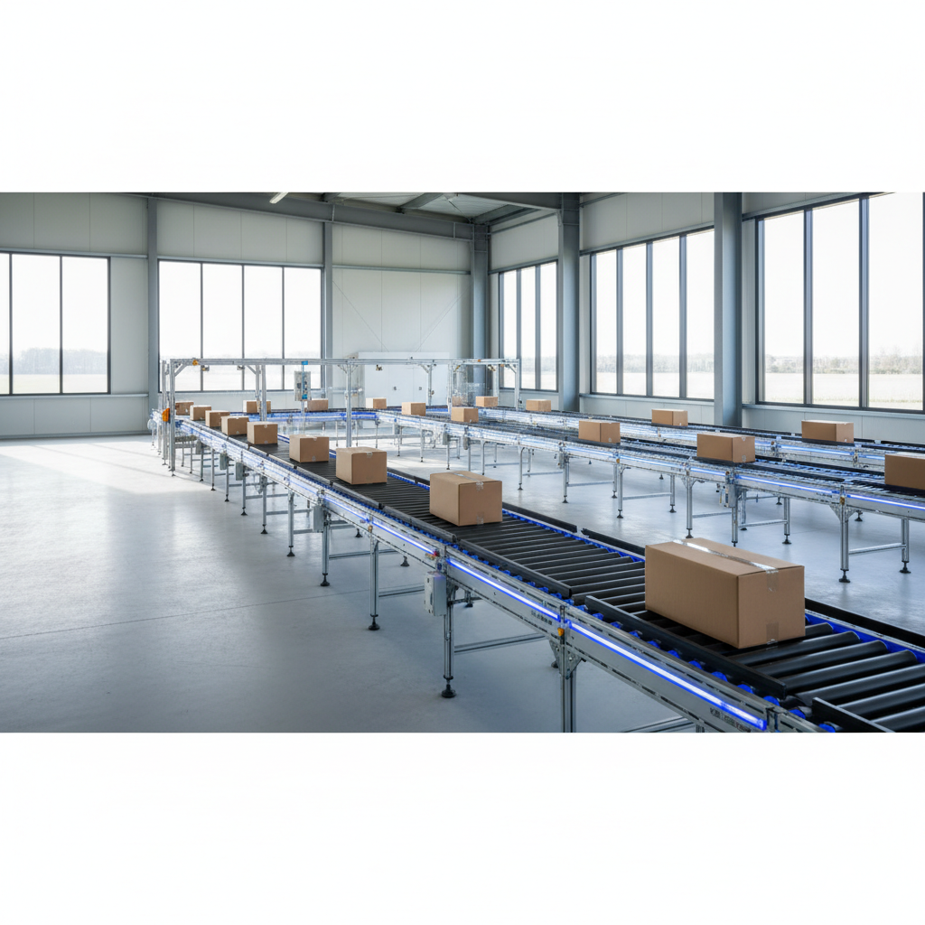 Energy-efficient Motor-Driven Roller (MDR) conveyor system in a modern Benelux warehouse.