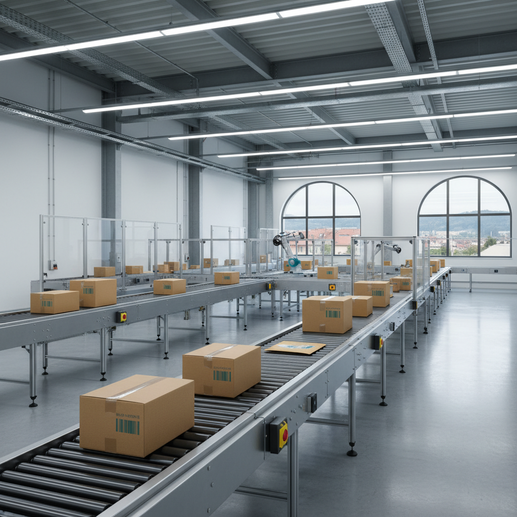 Een modern, energiezuinig industrieel transportsysteem met pakketten in een helder verlicht, schoon Europees magazijn.