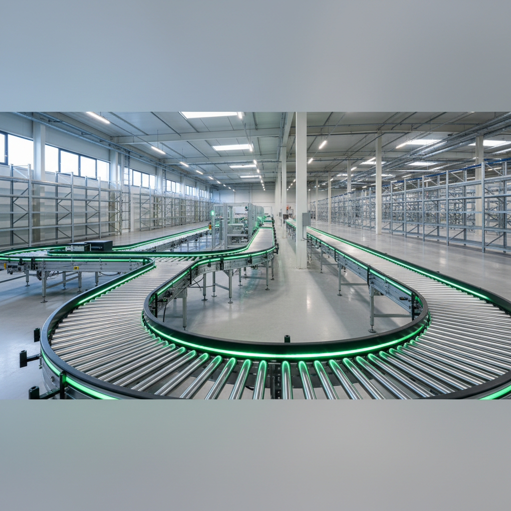 A modern, energy-efficient roller conveyor system with motorized drive rollers (MDR) in a clean, brightly lit Benelux warehouse.