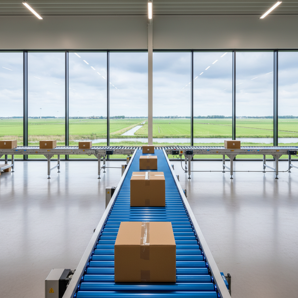 An energy-efficient MDR roller conveyor system inside a modern Benelux distribution center, moving cartons efficiently.