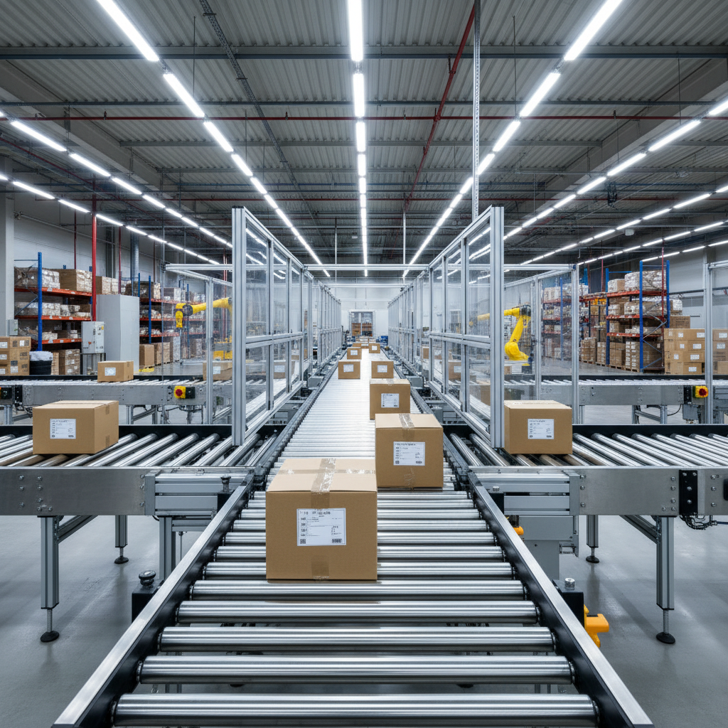 Een modern transportbandsysteem met gemotoriseerde aandrijfrollen (MDR) met pakketten, wat de energie-efficiëntie in een