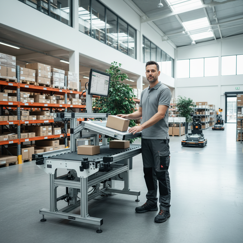 Lagerarbeiterin arbeitet komfortabel an einem höhenverstellbaren ergonomischen Förderarbeitsplatz in einem modernen Bene