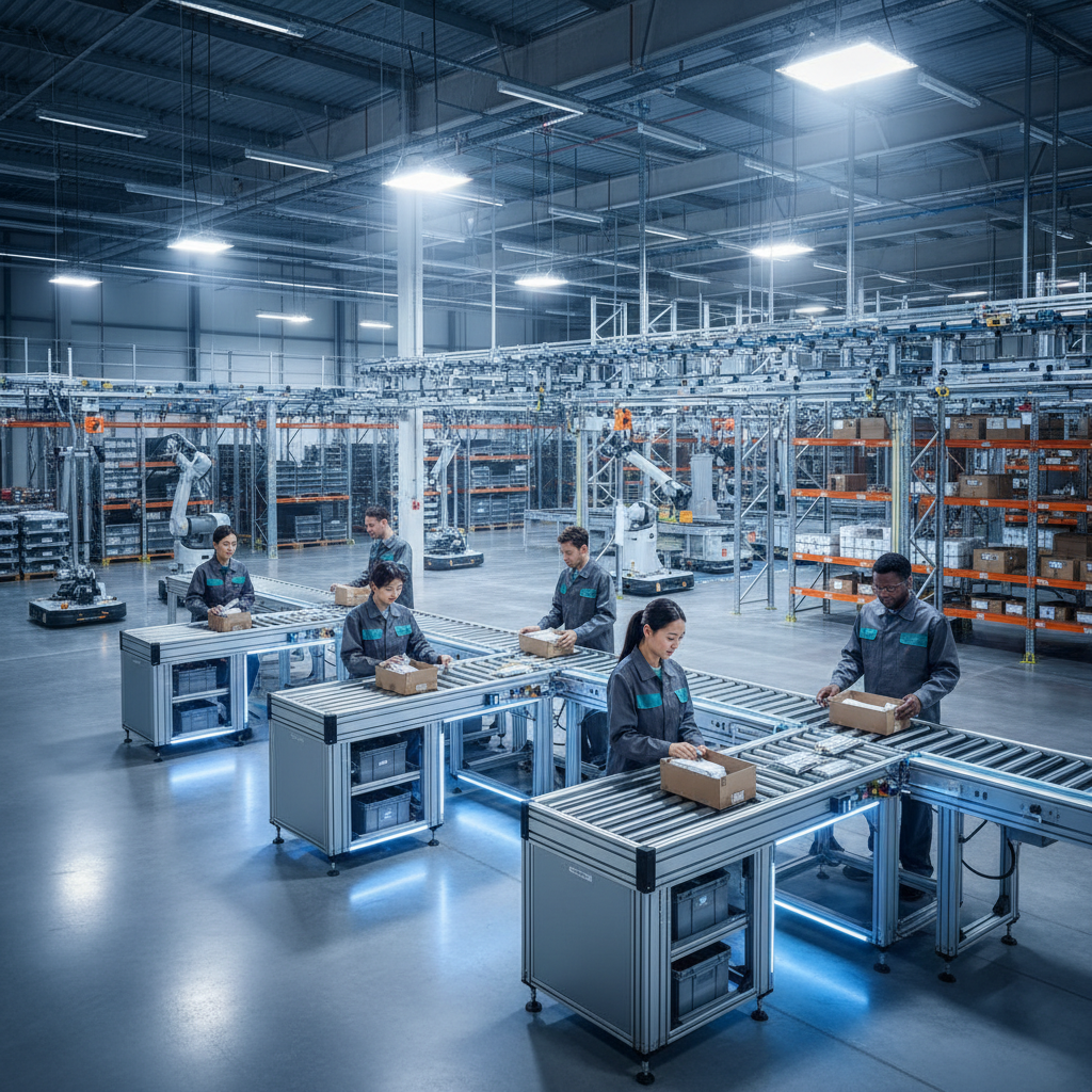 Bediener arbeiten bequem an ergonomischen Förderbandarbeitsplätzen in einem modernen europäischen Distributionszentrum, 