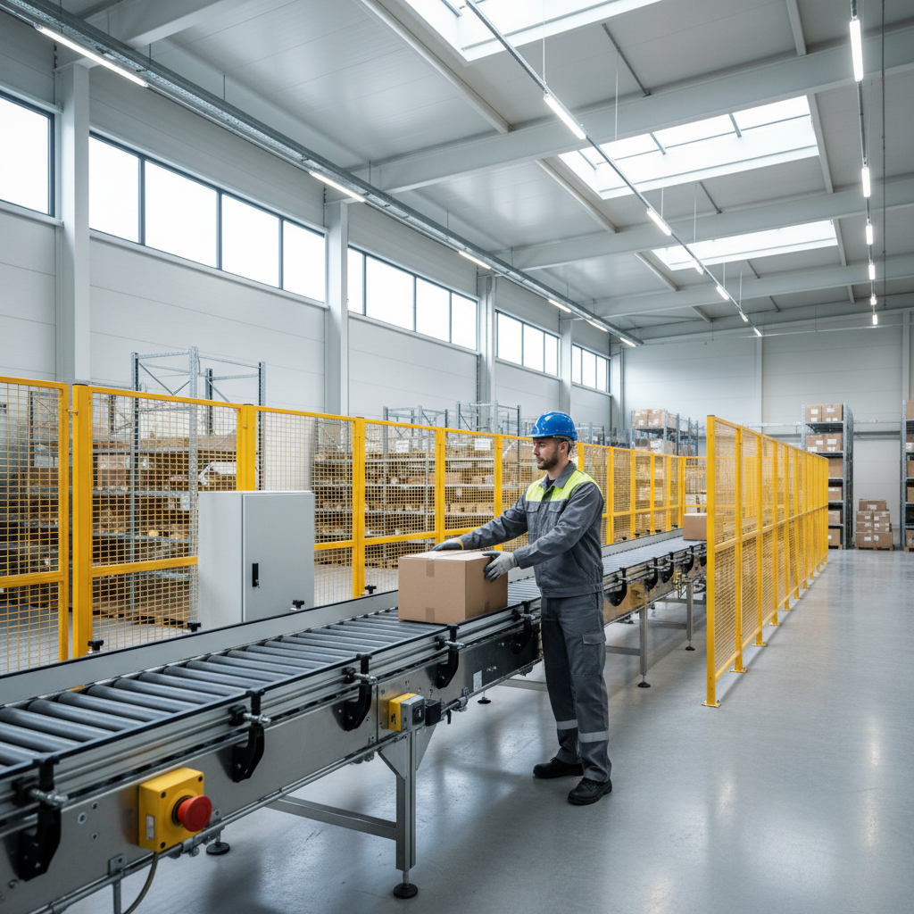 Een operator die veilig werkt met een ergonomisch transportsysteem in een modern Benelux-magazijn, met aandacht voor veiligheidsvoorzieningen.