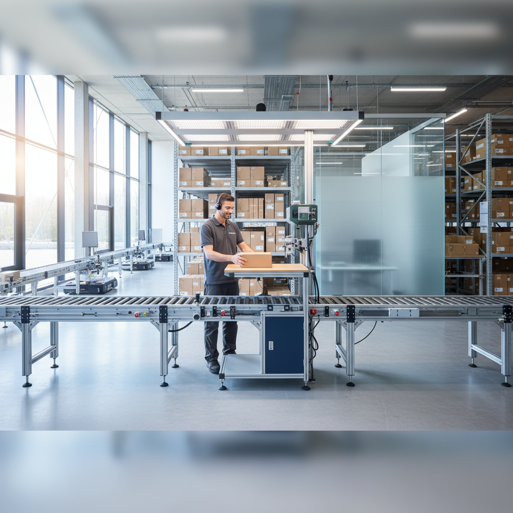 Ergonomische Förderband-Verpackungsstation in einem modernen Benelux-Lager mit verstellbarer Höhe und Sicherheitsmerkmalen.