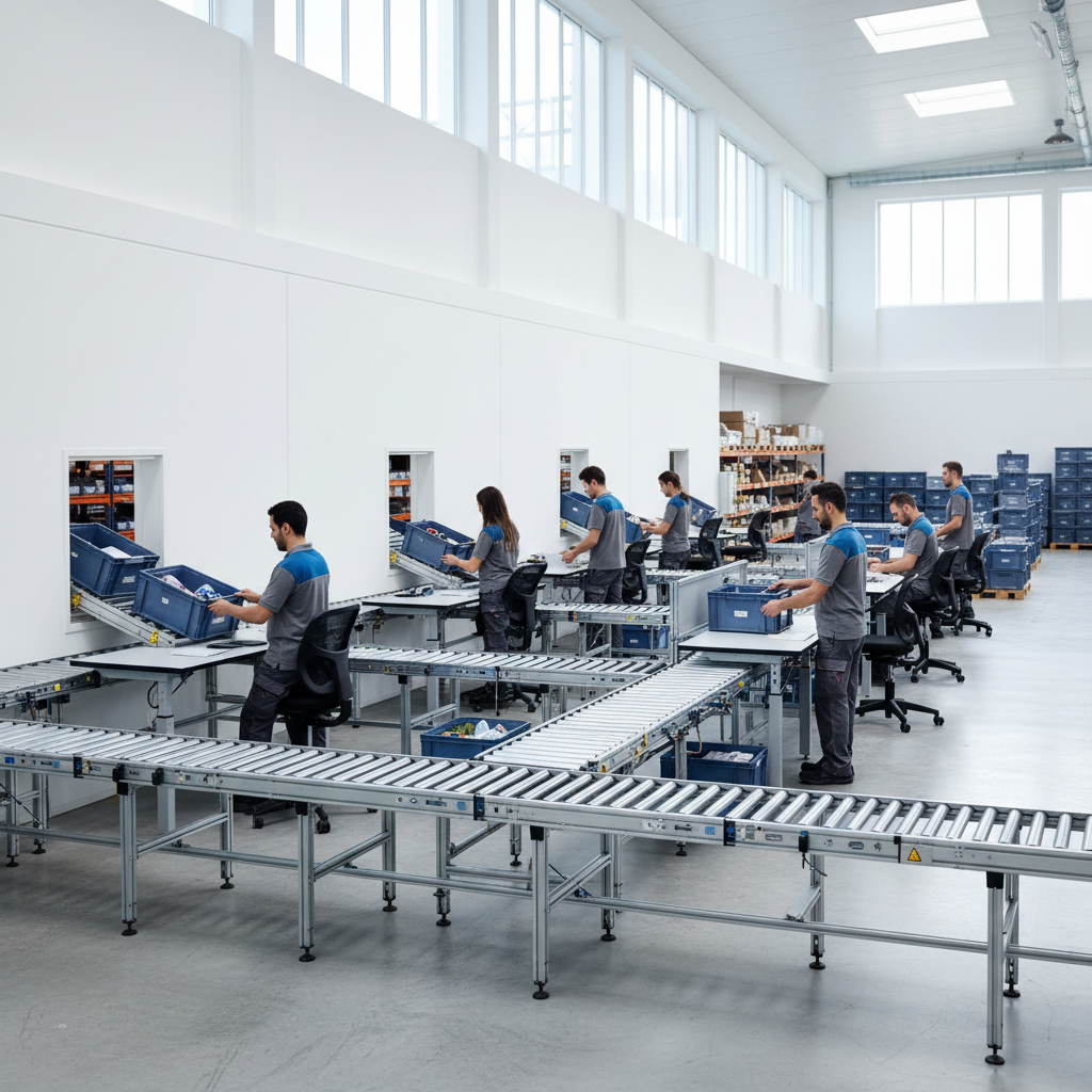 Workers at ergonomic packing stations in a modern Benelux warehouse with an integrated conveyor system.
