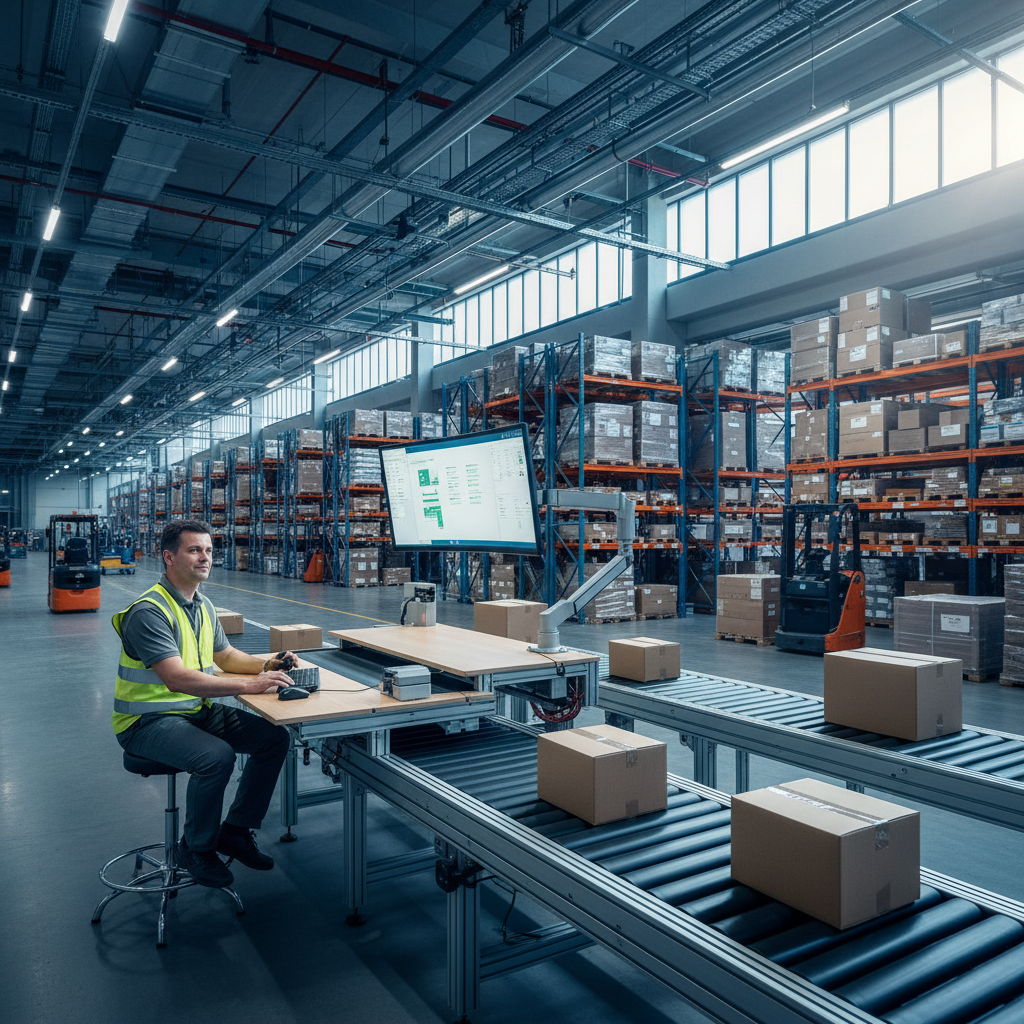 Magazijnoperator werkt comfortabel aan een ergonomisch, in hoogte verstelbaar transportbandwerkstation in een modern Ben