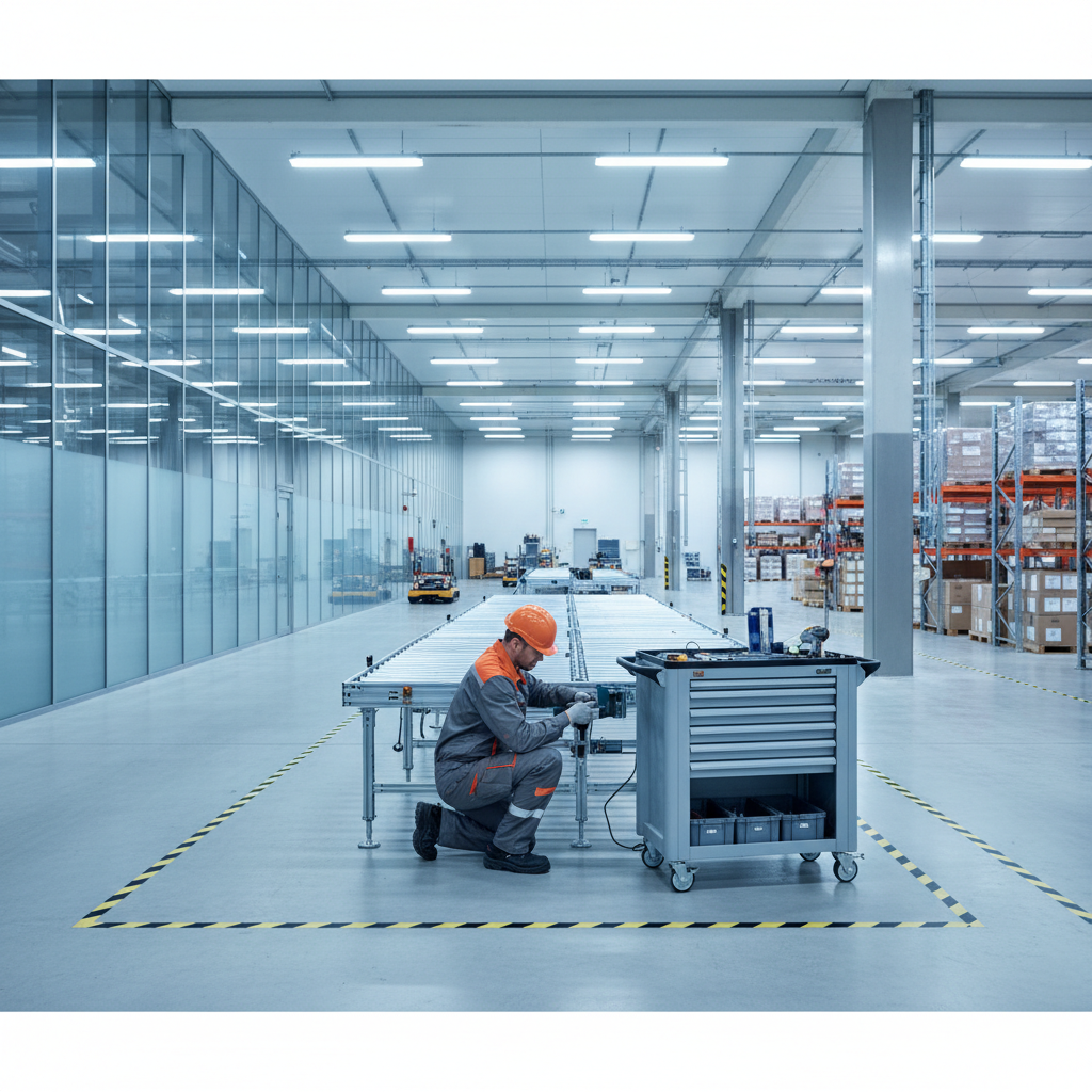 Ein Wartungstechniker führt ergonomische Checks an einem modularen Rollenfördersystem in einem sauberen, modernen Benelu