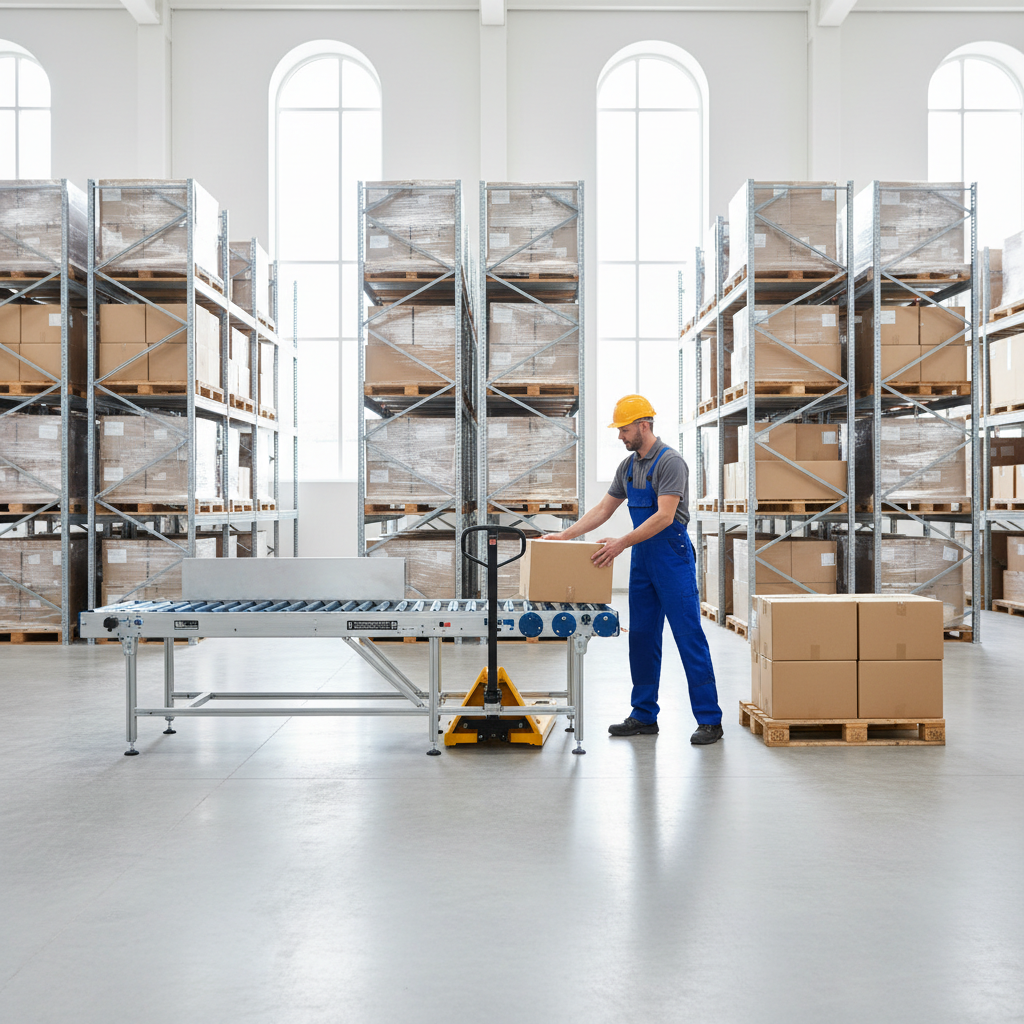 Mitarbeiter an einem ergonomischen Förderbandarbeitsplatz in einem modernen Benelux-Distributionszentrum.