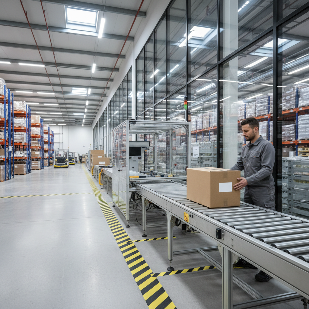 Bedienungsperson platziert ergonomisch ein Paket auf einem modernen Förderband in einem gut beleuchteten Benelux-Lager, 