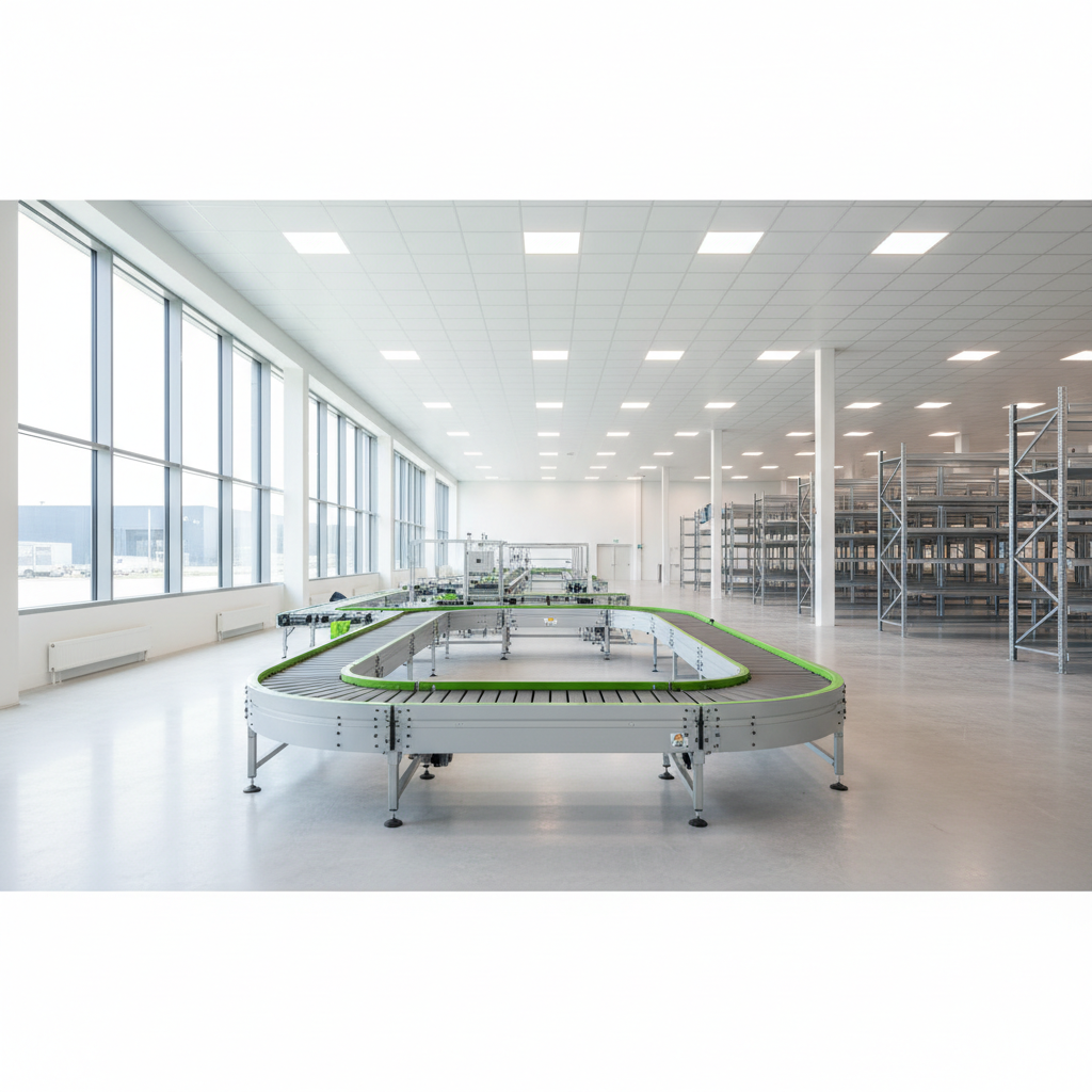 A state-of-the-art modular conveyor system in a modern Benelux warehouse, illustrating energy efficiency and EU Green Deal compliance.