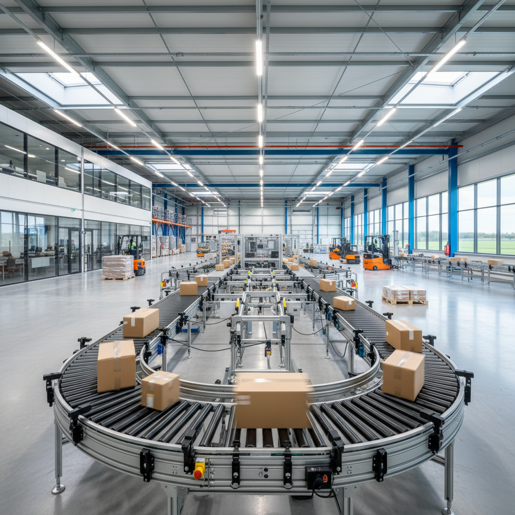 A modular flexible conveyor system with multiple intersecting lines dynamically routing packages inside a modern Benelux distribution center.