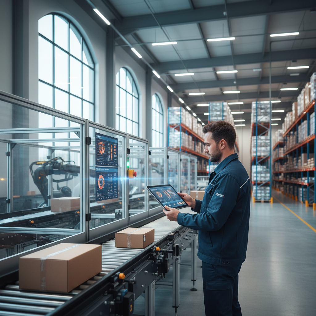 Technician analyzing predictive maintenance data on a tablet next to a modern conveyor system in a Benelux warehouse.