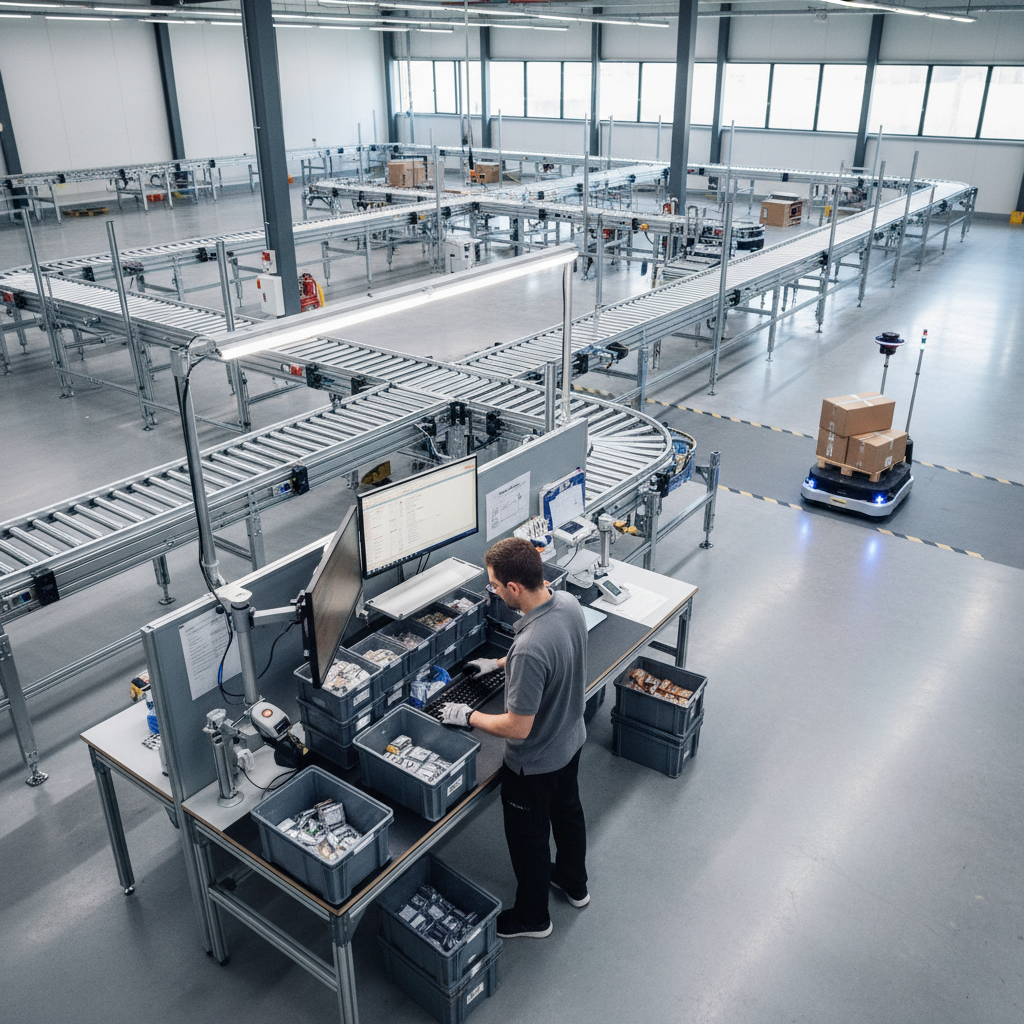 A side-by-side view of manual and automated material handling in a Benelux warehouse, showing the transition to modern conveyor systems.