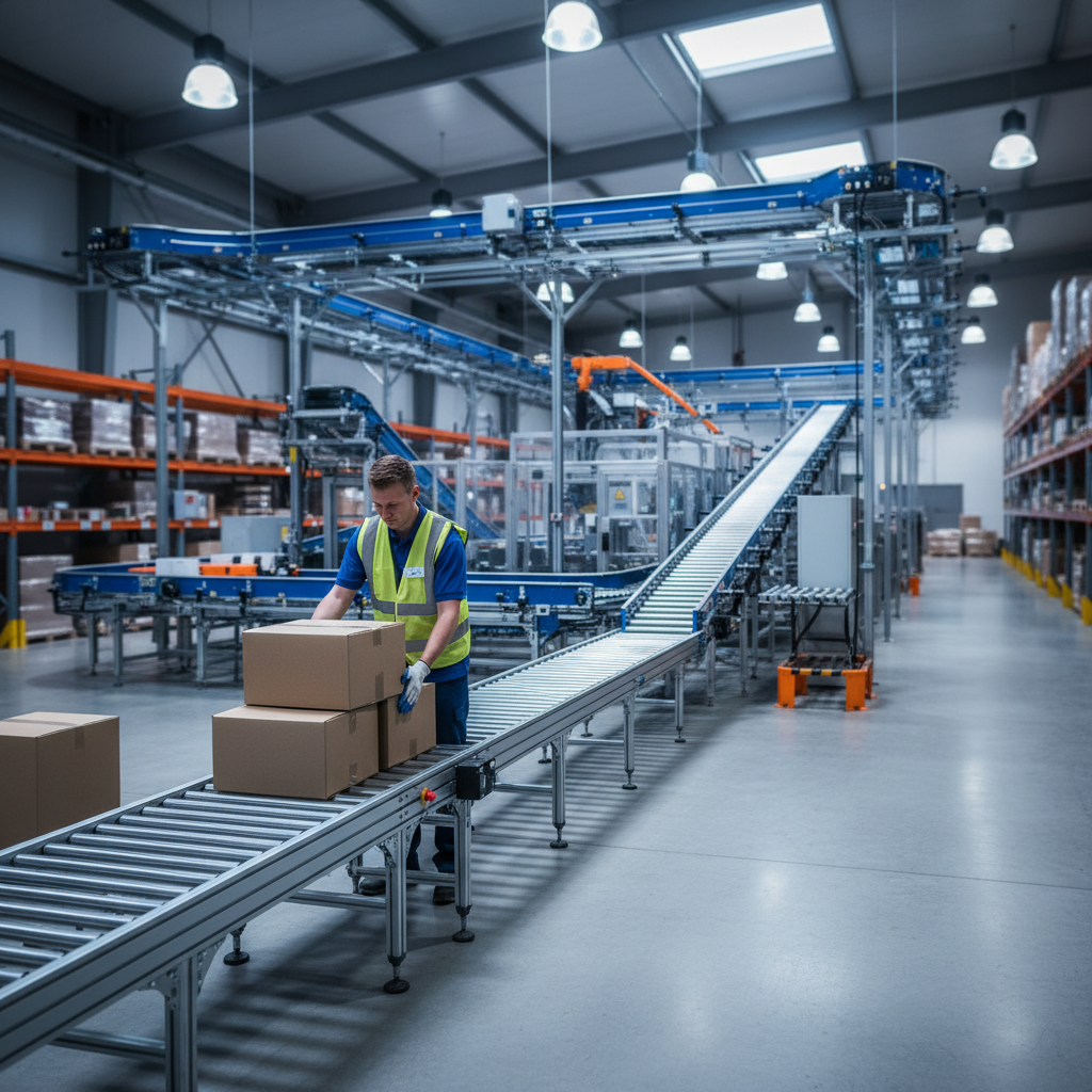 A phased conveyor implementation in a Benelux warehouse, showing a basic roller conveyor in the foreground and an advanced system in the background.