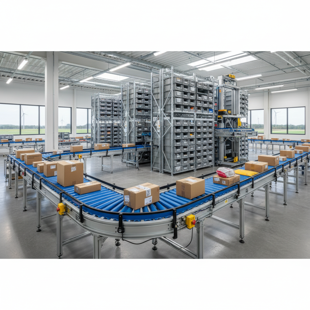 A modular roller conveyor system inside a modern Benelux distribution center, illustrating a future-proof logistics solution.
