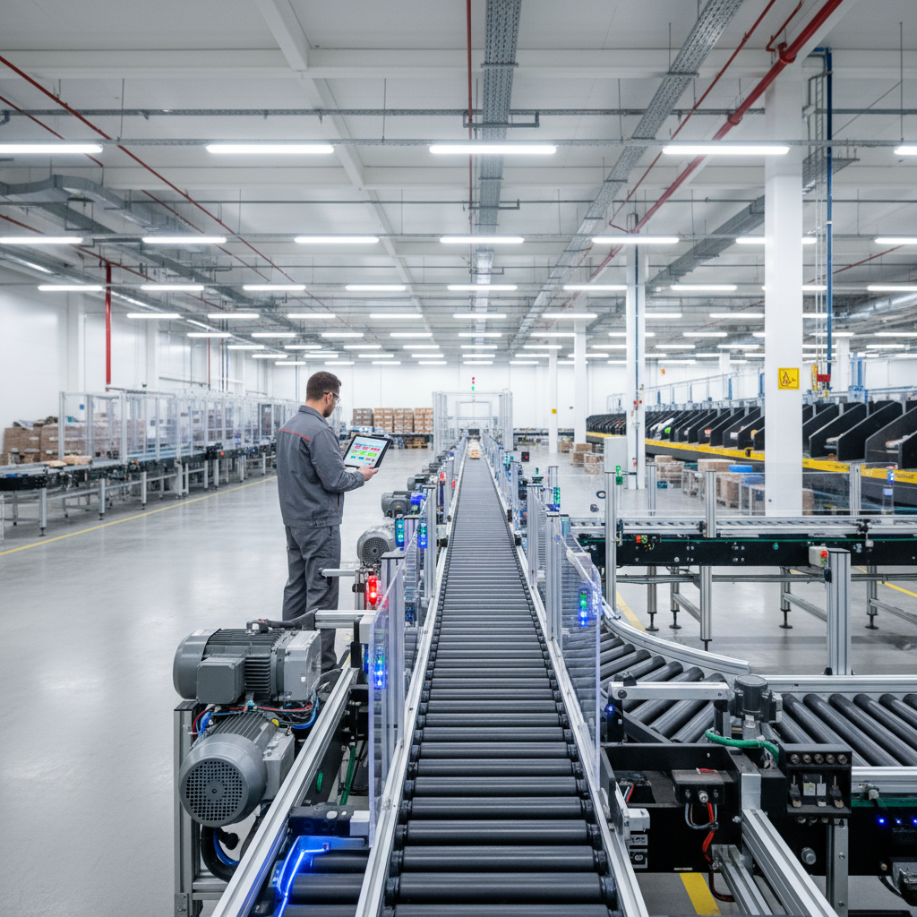 A modern conveyor system in a Benelux warehouse, with a technician analyzing performance data on a tablet to optimize efficiency.