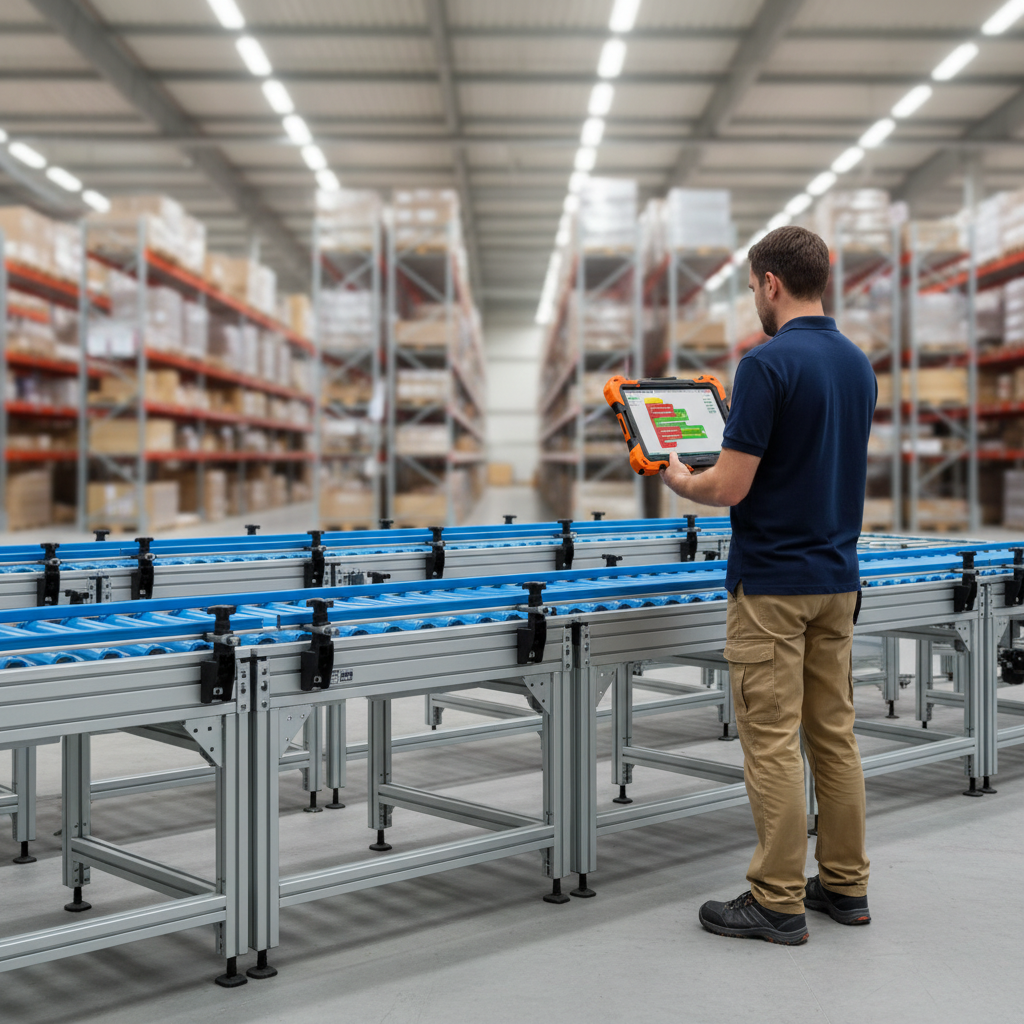 A technician using a tablet with a low-code interface to configure a modular conveyor system in a modern warehouse.