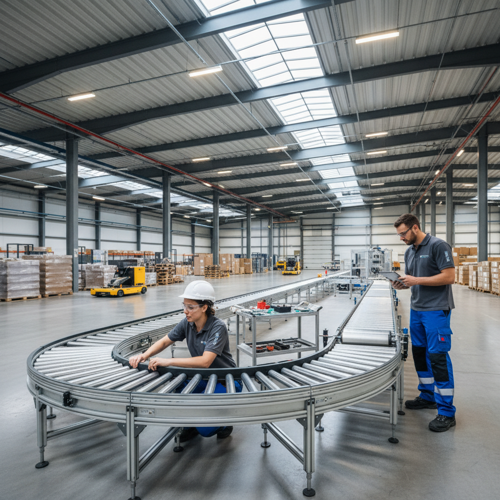 Engineers reconfiguring a modular roller conveyor system in a modern Benelux warehouse to optimize a QRM cell.