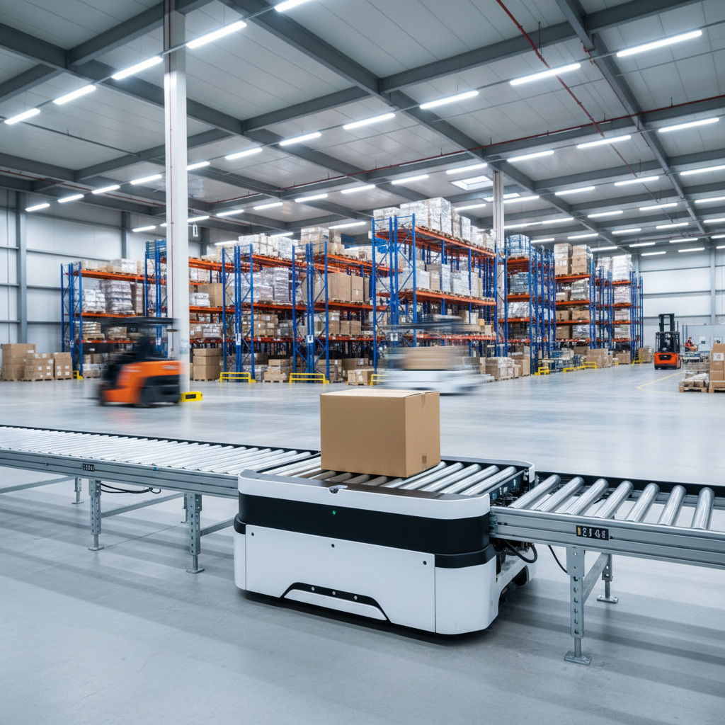 Een AMR met een transportbandmodule die naadloos integreert met een rollenbaan in een modern magazijn.