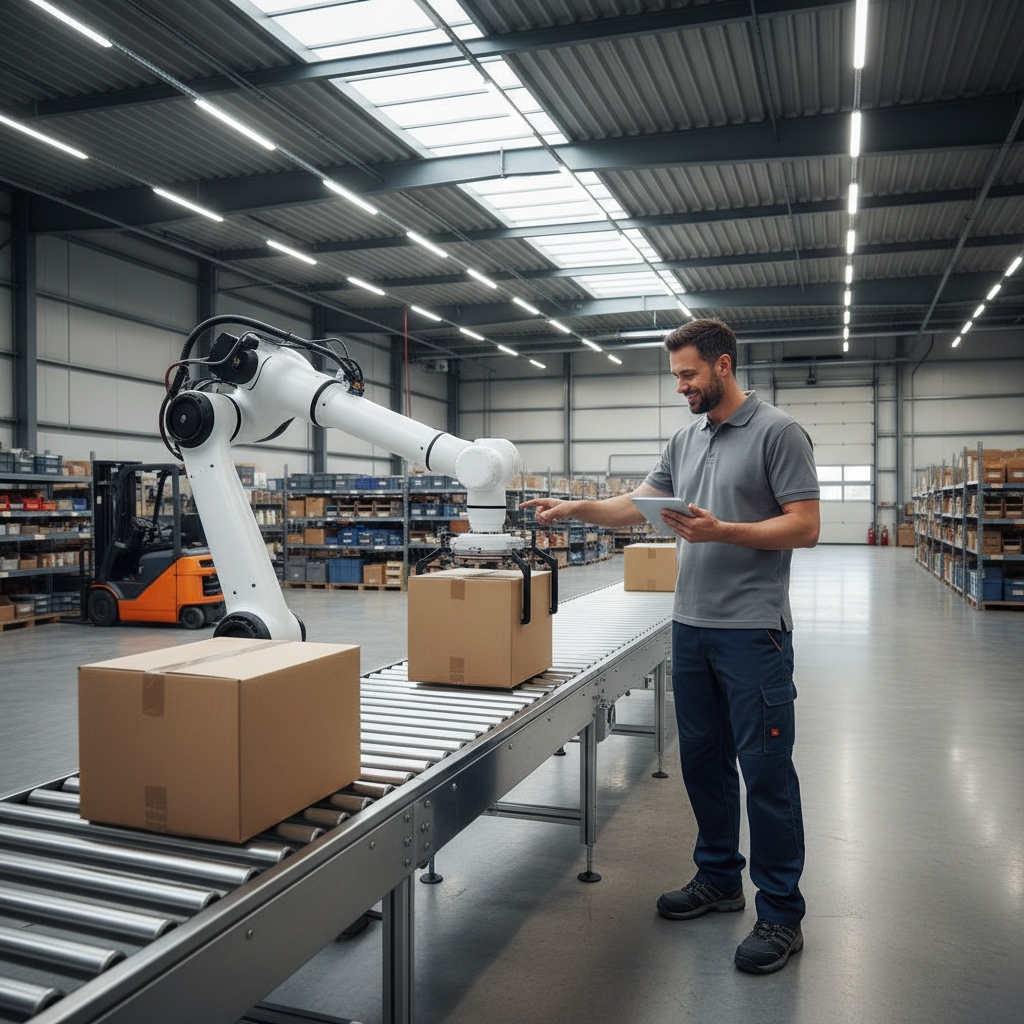 A warehouse worker in a Benelux distribution center collaborates with a cobot arm that is picking a package from a conveyor belt, showcasing Human-Robot Collaboration.