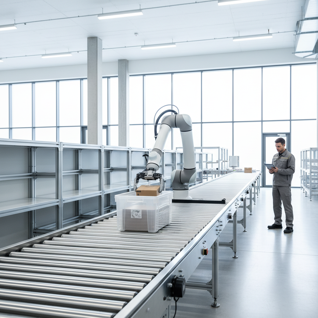 Ein kollaborativer Roboterarm arbeitet in einem Benelux-Lager mit einem menschlichen Bediener zusammen, kommissioniert W
