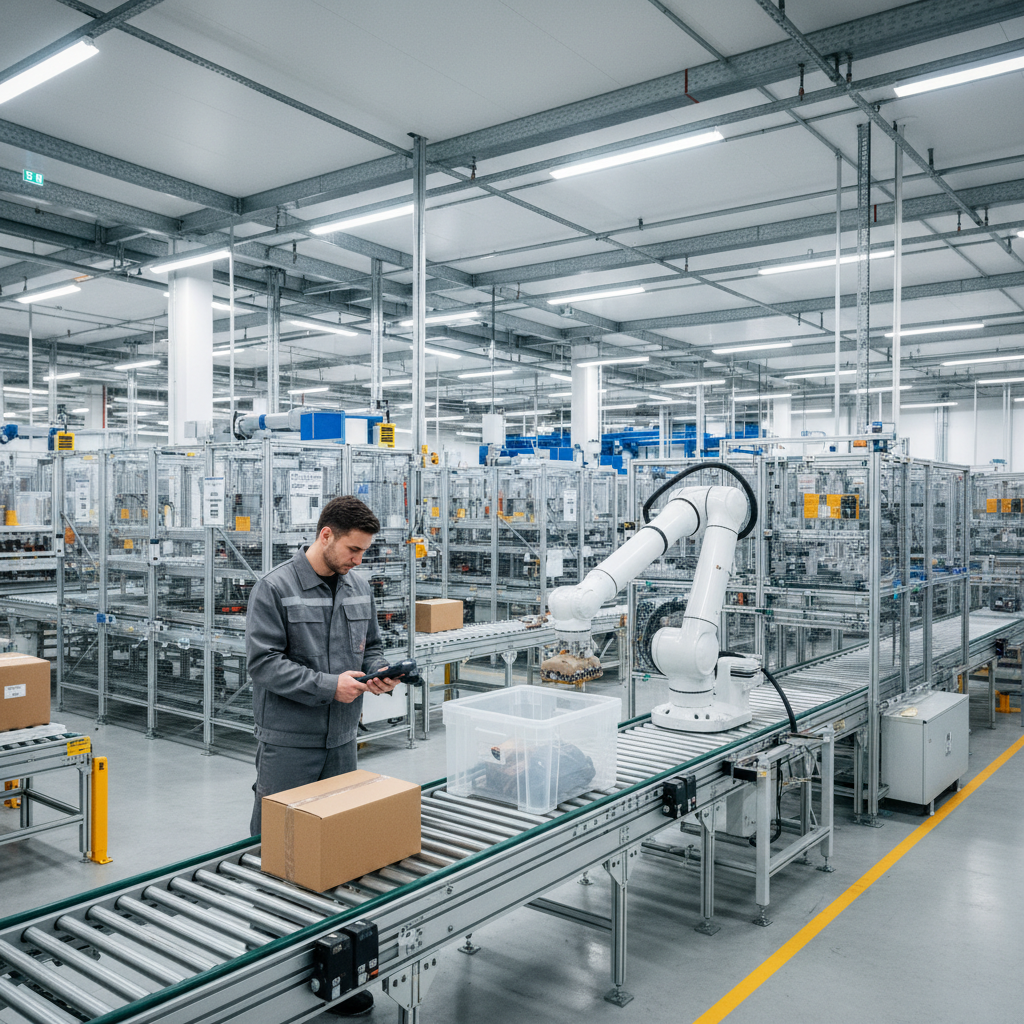 A worker and a collaborative robot (cobot) work together at a conveyor belt in a modern Benelux warehouse, showcasing human-robot collaboration.