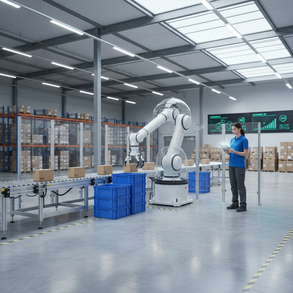 A cobot and a human worker collaborating at a conveyor line in a modern Benelux warehouse, demonstrating a safe and efficient workplace.