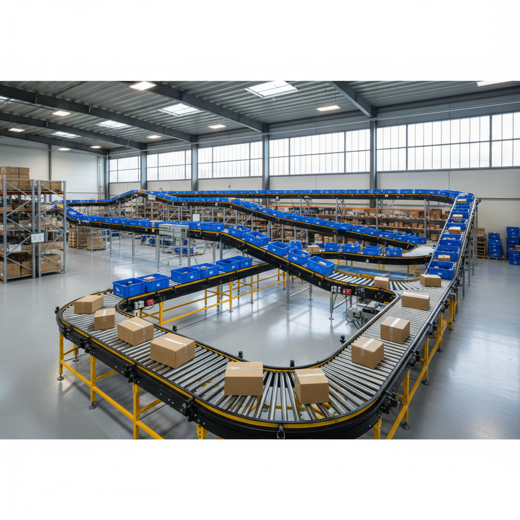 A modern hybrid conveyor system in a Benelux warehouse, showing both modular and traditional belt conveyors working together.