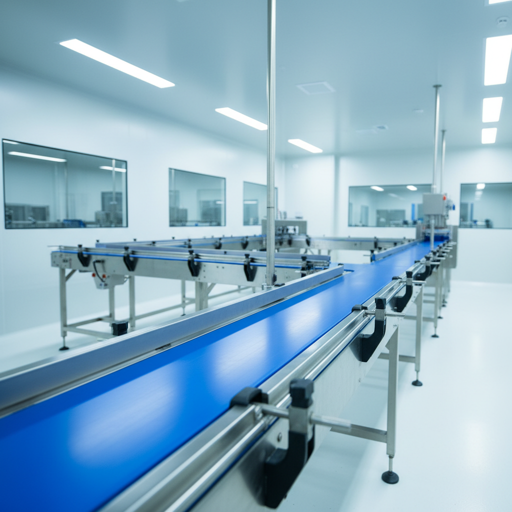 Een hygiënisch roestvrijstalen transportsysteem met een blauwe band in een steriele farmaceutische productiefaciliteit.