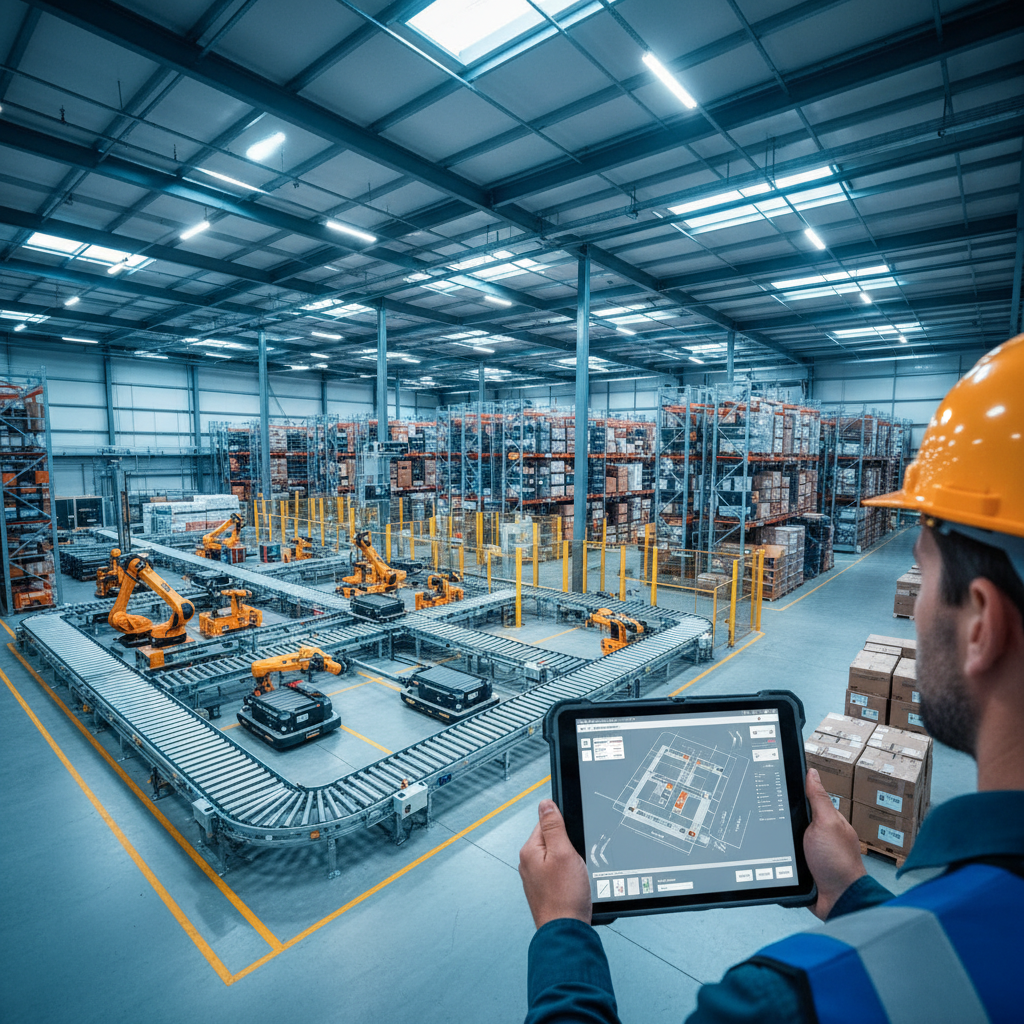 Een modern transportsysteem in een Benelux magazijn, volledig geïntegreerd met WMS software getoond op een tablet.