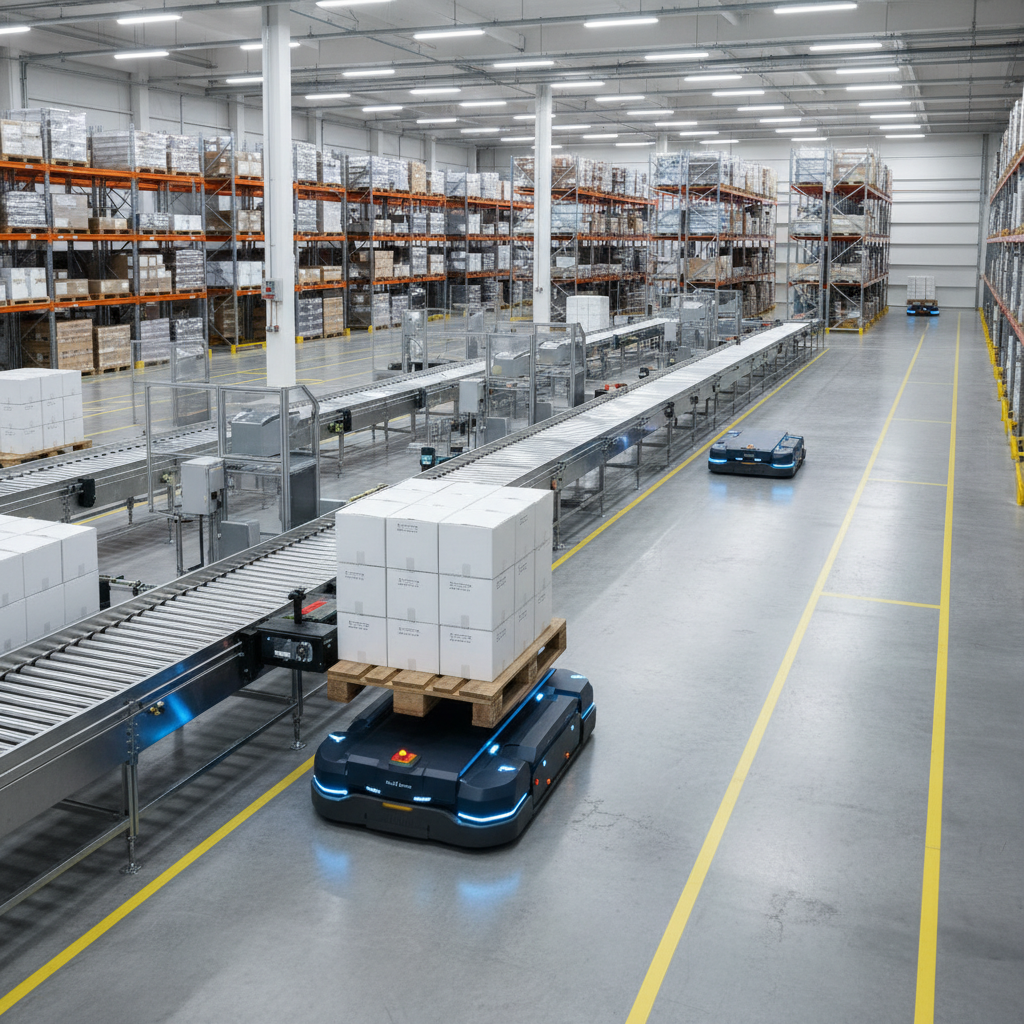 Een AGV die een pallet van een rollenbaan oppikt in een modern Benelux distributiecentrum.