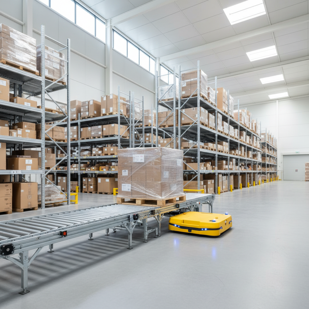 Een gele AGV die zorgvuldig uitlijnt met een rollenbaansysteem om autonoom een pallet over te zetten in een modern magaz