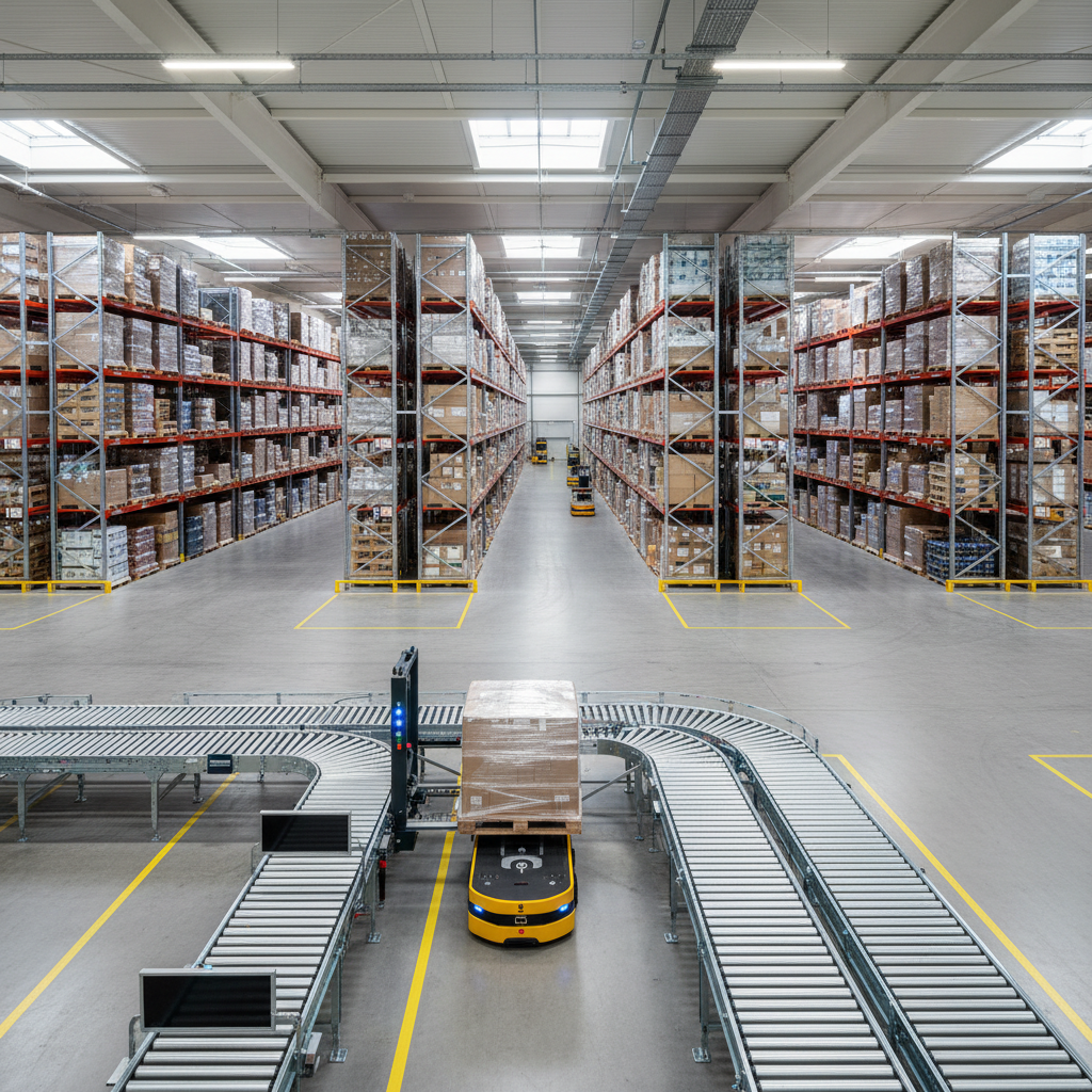Een Autonomous Guided Vehicle (AGV) dokken precies met een rollenbaansysteem om een pallet over te brengen in een modern
