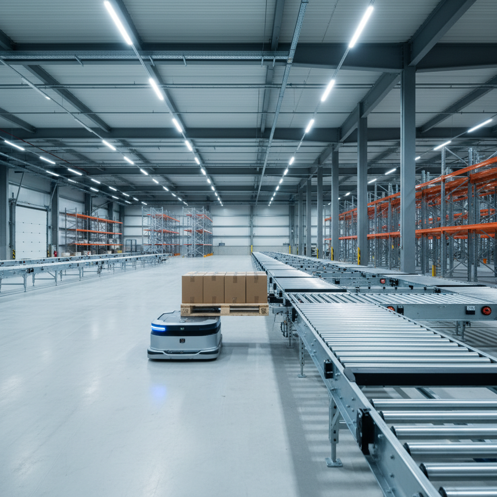 Een modern AGV brengt zorgvuldig een pallet over op een rollenbaansysteem in een schoon, efficiënt Benelux distributiece