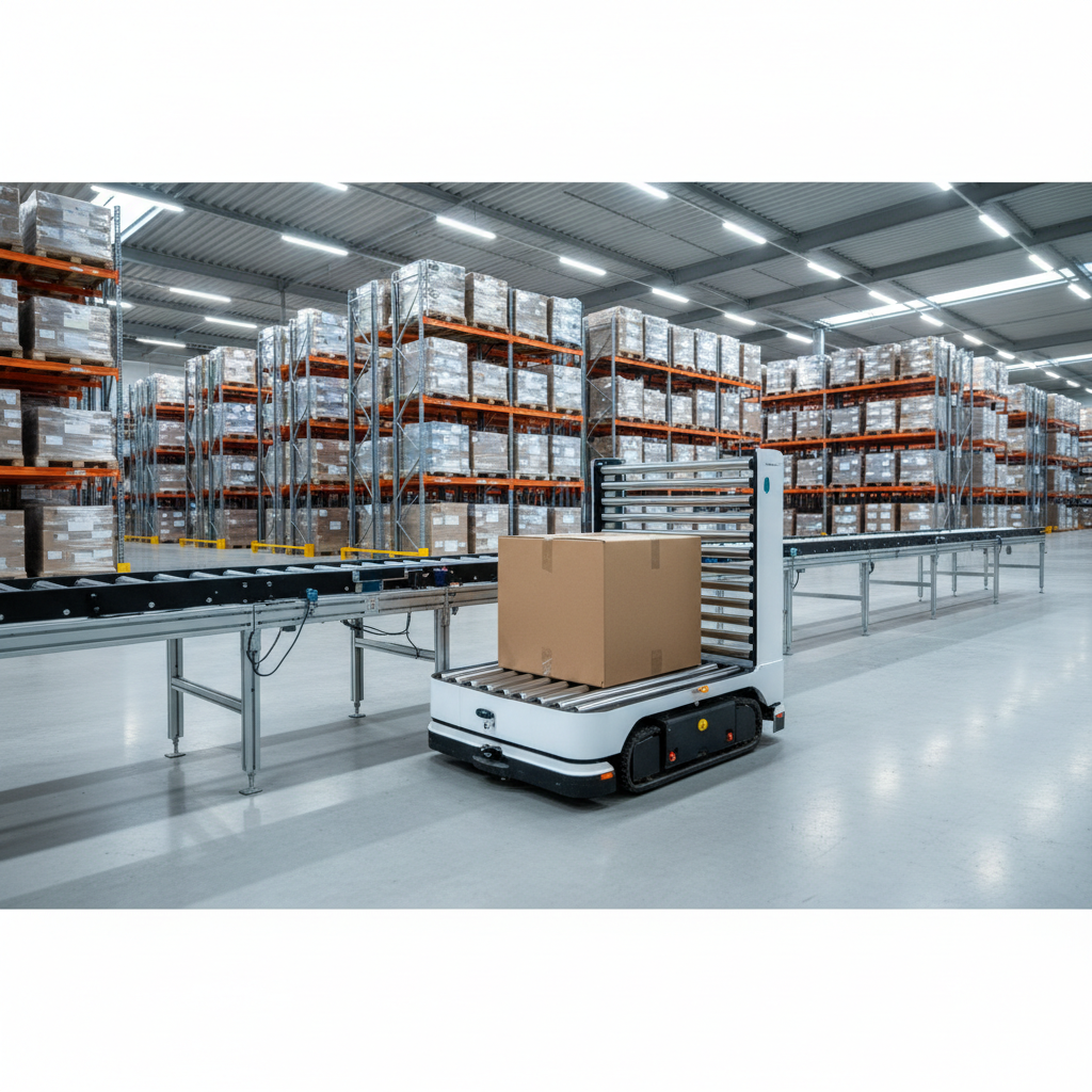Een AGV met een rollenbaan bovenzijde draagt naadloos een pakket over aan een rollenbaanlijn in een modern Europees dist