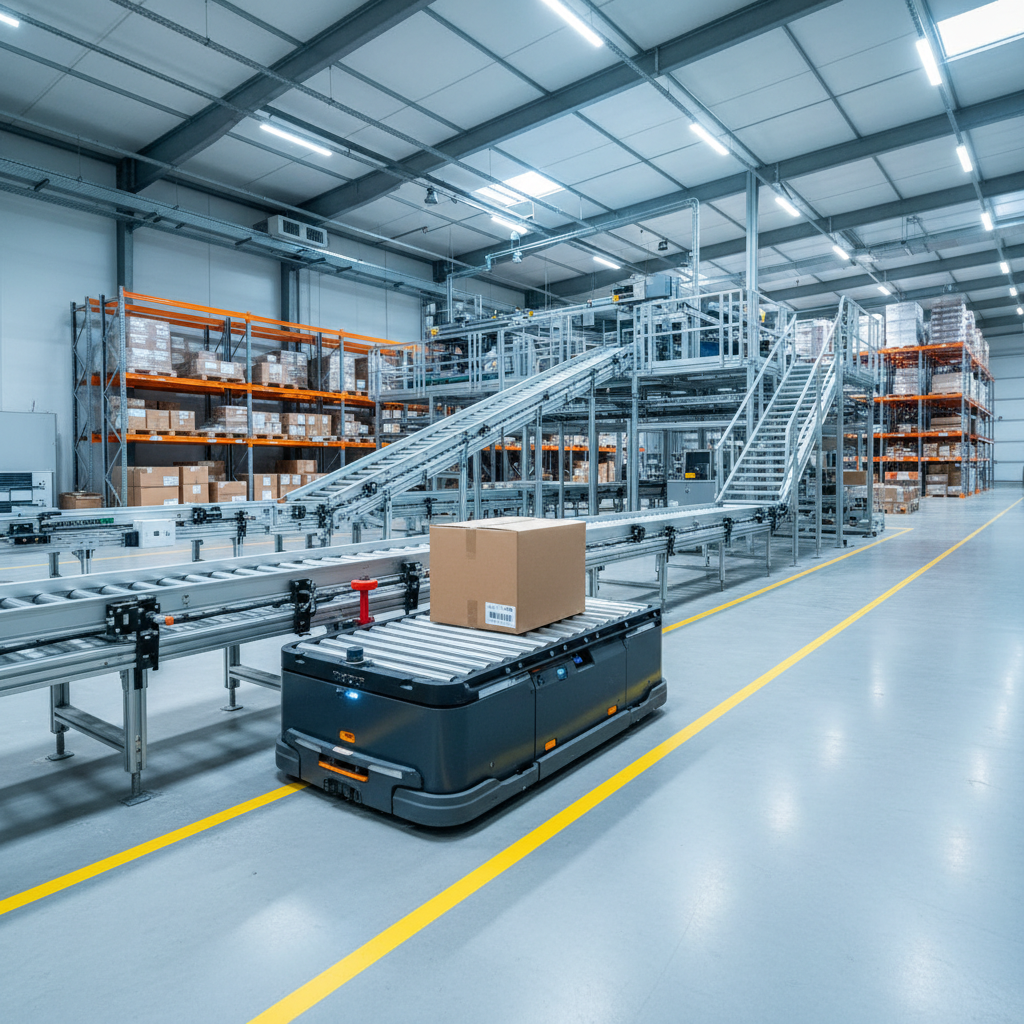 Een AGV dokken met een rollenbaansysteem in een modern Benelux-magazijn om materiaaloverdracht te automatiseren.