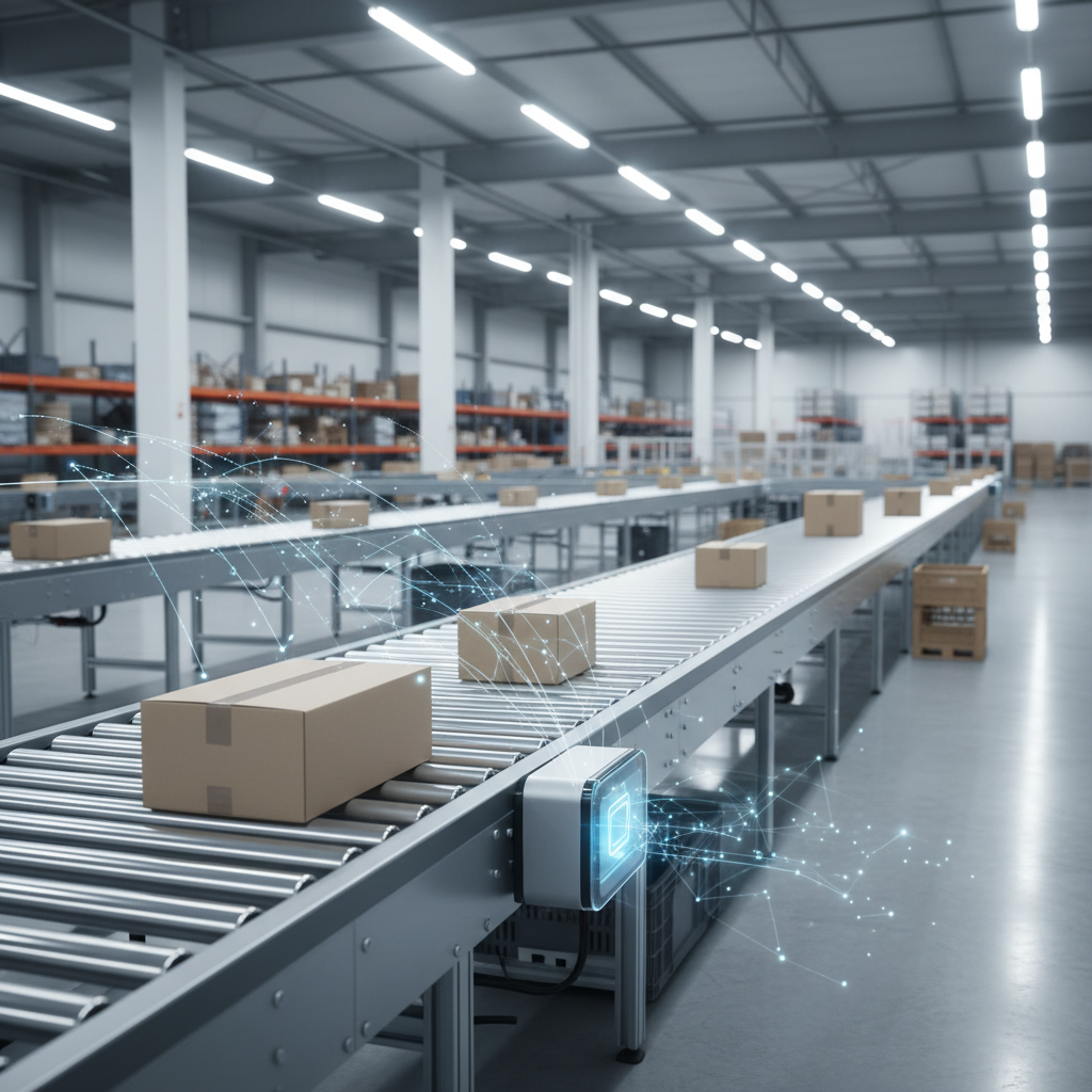 Close-up van een slimme sensor met een blauw licht, geïnstalleerd op een modern transportsysteem in een Europees distrib