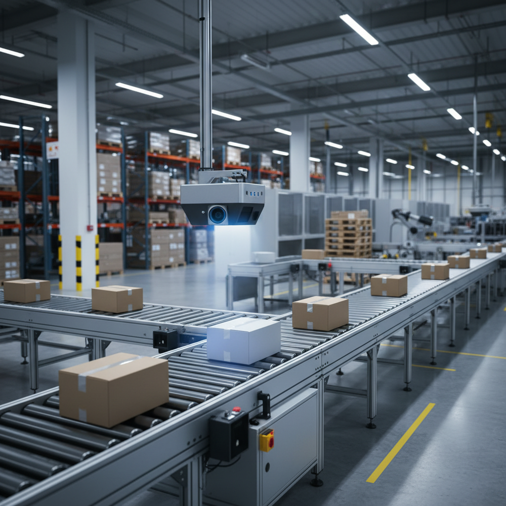 Een machinevision camerasysteem dat pakketten inspecteert op een transportband in een modern Europees logistiek centrum.