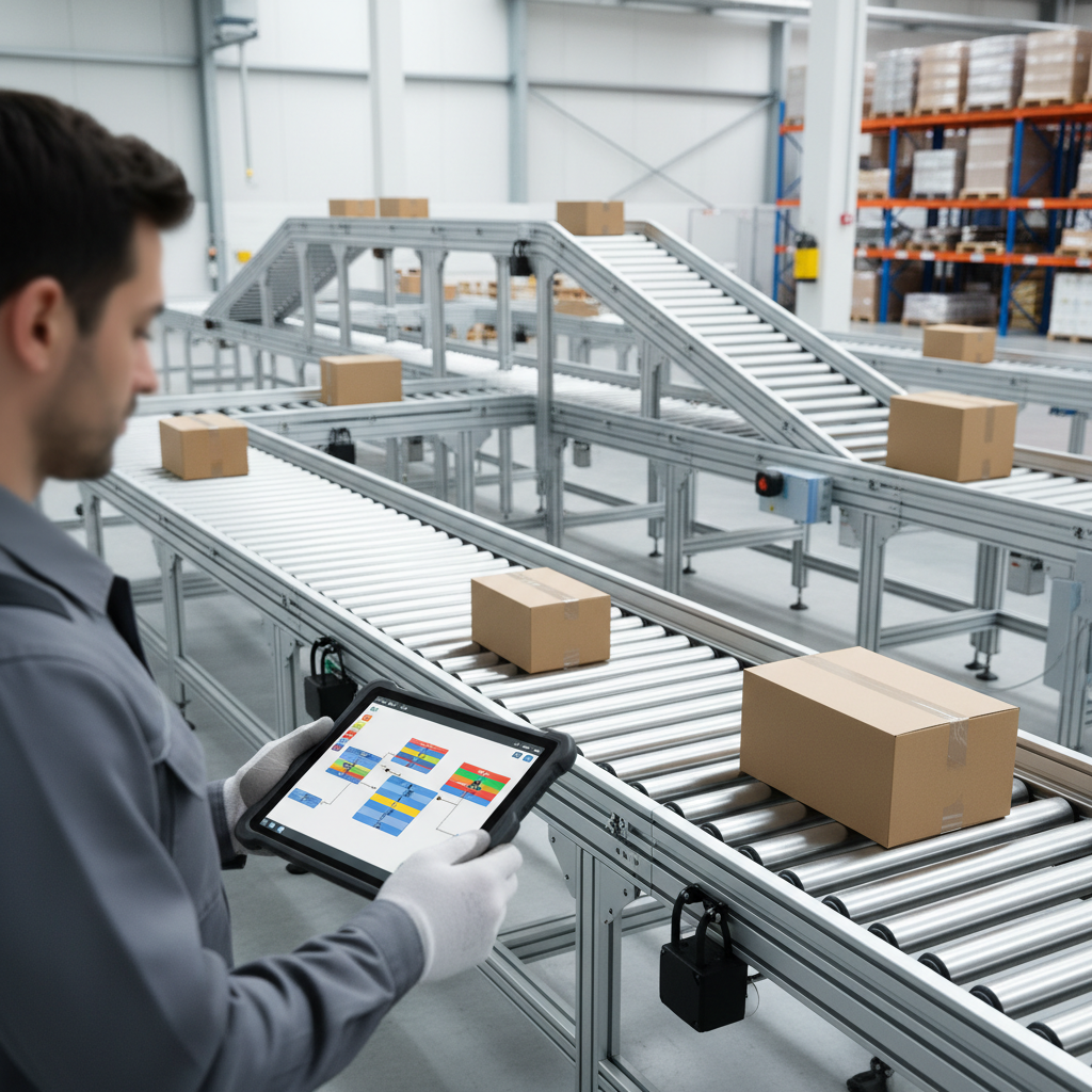 A logistics manager using a tablet with a low-code interface to configure a modern roller conveyor system in a European distribution center.