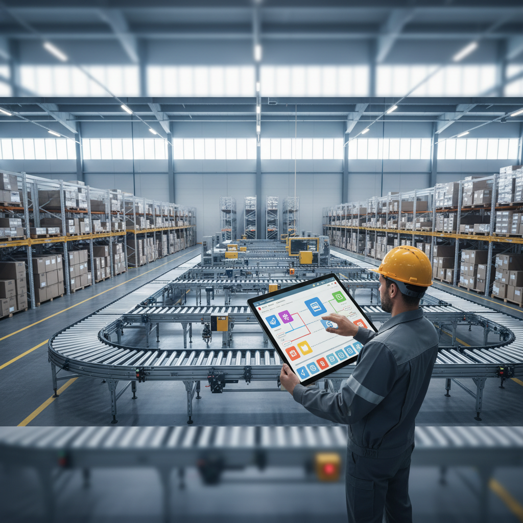 Lagerarbeiter, der ein Tablet mit einer Low-Code-Oberfläche verwendet, um ein modernes Rollenfördersystem in einem europ