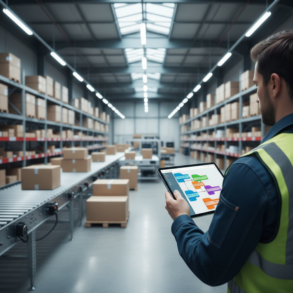 A logistics manager using a tablet with a low-code interface to control a modern roller conveyor system in a European warehouse.