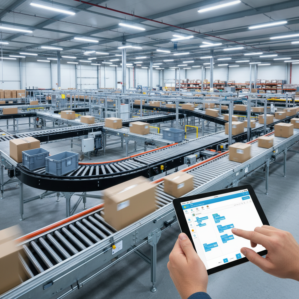 Manager die een tablet met low-code software gebruikt om een complex transportsysteem in een modern Benelux-magazijn te besturen.