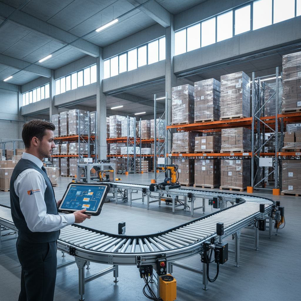 Operator using a tablet to configure a modular roller conveyor system in a modern Benelux warehouse.